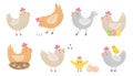 Chicken set in flat style. Different cute cartoon hens, chicken and eggs. Birds sing, peck grain etc. Farm animals theme.